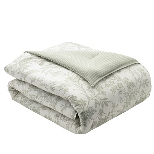 Laura Ashley Home - Queen Size Comforter Set, Reversible Cotton Bedding, Includes Matching Shams with Bonus Euro Shams & Throw Pillows (Natalie Sage/Off White, Queen)