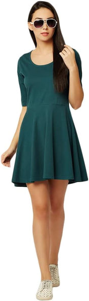 Miss OliveWomen's Solid Round Neck Half Sleeve Mini Skater Dress(MOSS17D07-54)