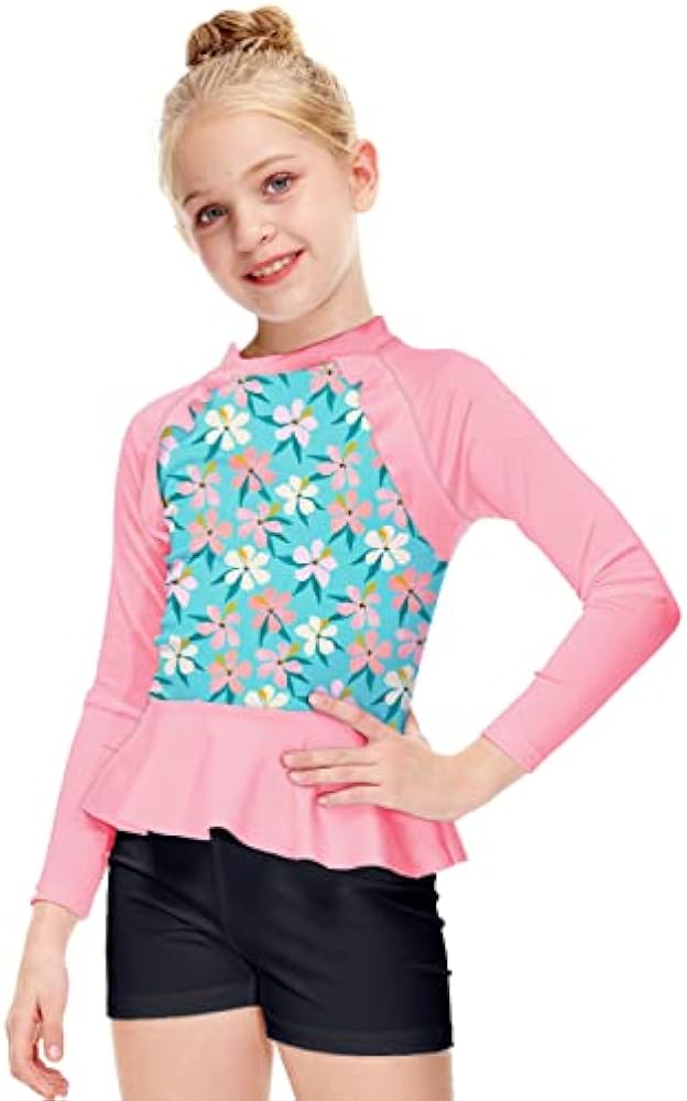 AOBUTE Girls Rash Guard Shirt Raglan Long Sleeve Ruffle Hem Swim Tops 3-12 Years