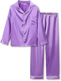 Little & Big Girls Pajama Set Size 6-16 -Pink/Blue/Turquoise/Peach Satin Silky Cute Fall Winter Long Outfit