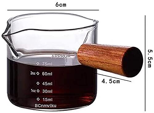 Espresso Measuring Cup, Double Spouts Measuring Triple Pitcher Milk Cup, with Wood Handle 75ML Espresso Shot Glasses Parts Clear Glass, Espresso Shot Glasses Triple Pitcher Barista (1 Pack)