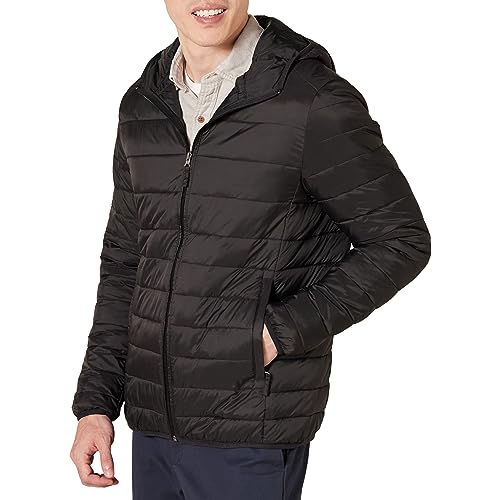 Metro Muscat Essentials Men's Lightweight Water-Resistant Packable Hooded Puffer Jacket, Black, Large