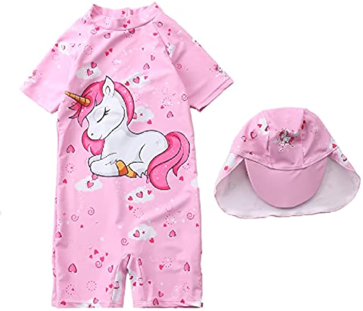 HausFine Little Kid Girls Unicorn Swimsuit Baby Girls One-Piece Swimwear with Sun Protection Hat