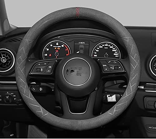 Car Suede Leather Steering Wheel Cover,Not hot Hands in Summer,Universal Size 38cm 15inch,Breathable, Non-Slip,Durable(Dark Gray))