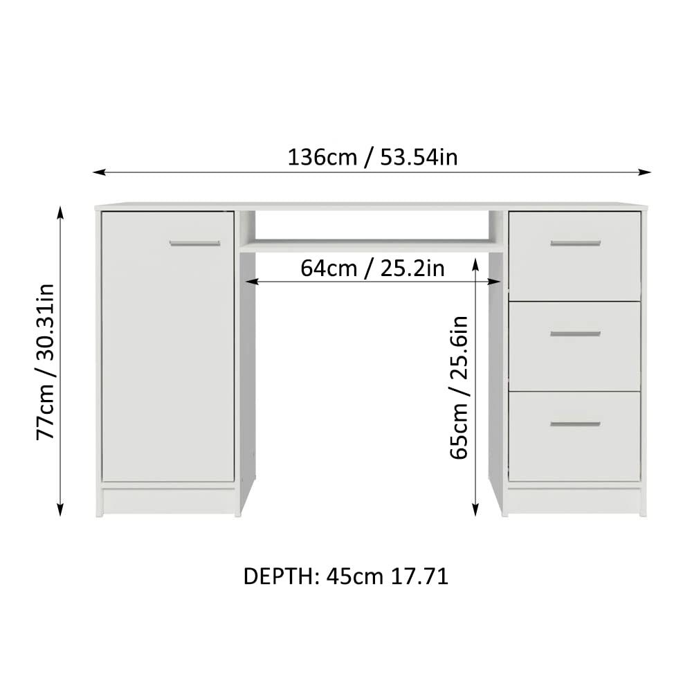 MADESA Home Office Computer Writing Desk with 3 Drawers, 1 Door and 1 Storage Shelf, Wood, 136 W x 77 H x 45 D Cm – White