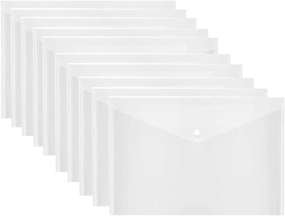 10 Pcs Poly Envelope Folder with Snap Button Closure, Premium Quality Plastic Envelopes,Waterproof Transparent Project Envelope Folder, A4 Letter Size