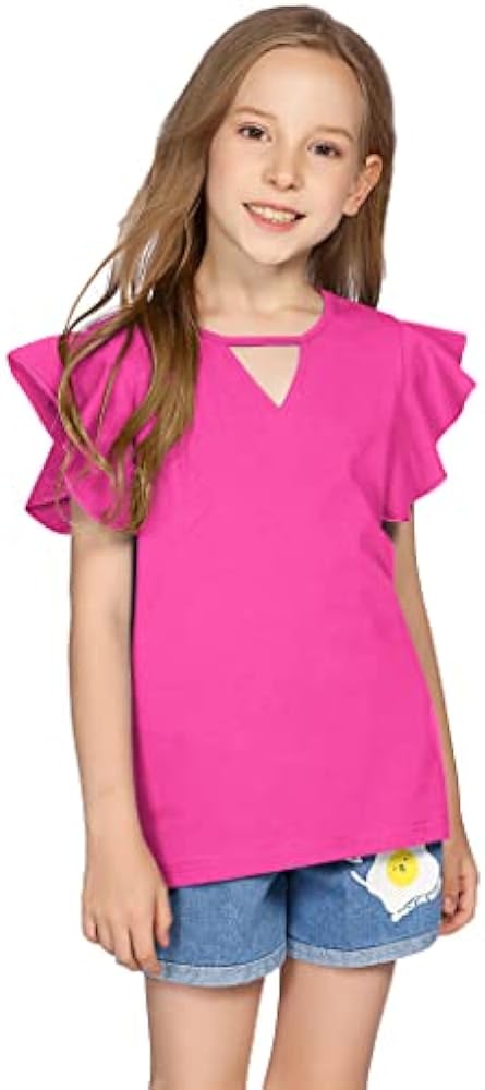 Greatchy Girls Shirts Short Sleeve Tee Ruffle Solid Summer Keyhole Neck Cotton Blouse Tops