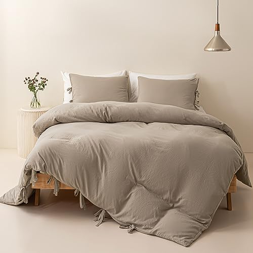 MUKKA Cream Duvet Cover Set Queen Size Beige Boho Chic, 3 Pieces Tan Khaki Farmhouse Bowknot Duvets, Sand Soft & Easy Care Washed Microfiber Bohemian Bedding Covers with Ties