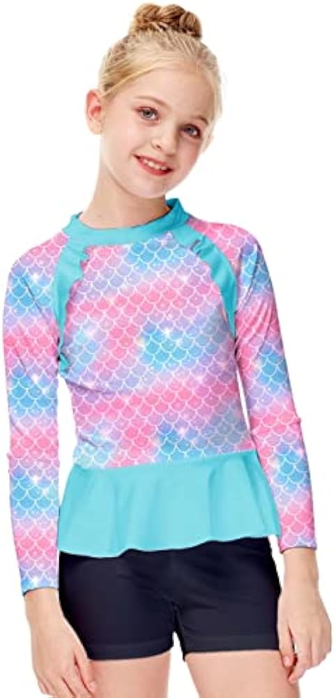 AOBUTE Girls Rash Guard Shirt Raglan Long Sleeve Ruffle Hem Swim Tops 3-12 Years