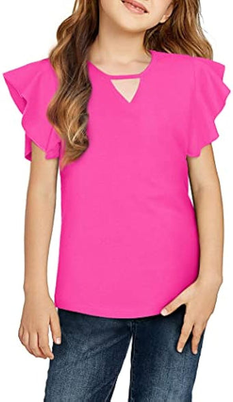 Greatchy Girls Shirts Short Sleeve Tee Ruffle Solid Summer Keyhole Neck Cotton Blouse Tops