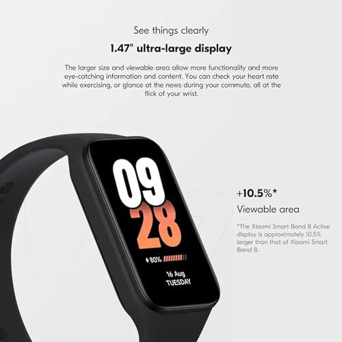 Xiaomi Smart Band 8 Active Fitness Tracker & Activity Tracker with 1.47" LCD Display, 14-Day Battery Life, Blood Oxygen, Heart Rate, Sleep & Stress Monitoring, Fitness Watch for Men Women, Black