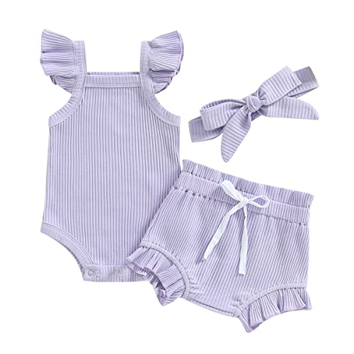 Baby Girl Shorts Outfits Summer Fly Sleeve Cami Bodysuit Top Ruffle Shorts Headband Cute Infant Clothes (0-3 Months)