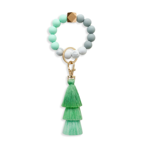 Goodern Keychain Wristlet Keychain Bracelet,Tassel Keychains for Women Girls,Silicone Key Ring Bracelet,Cute Car Keychains,Elastic Beaded Keychains Wristlet Keyring Bangle,Car Key Ring Chain-Green