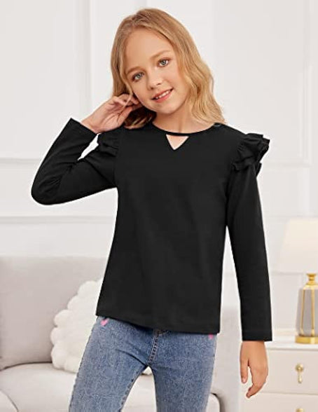 Greatchy Girls Shirts Short Sleeve Tee Ruffle Solid Summer Keyhole Neck Cotton Blouse Tops