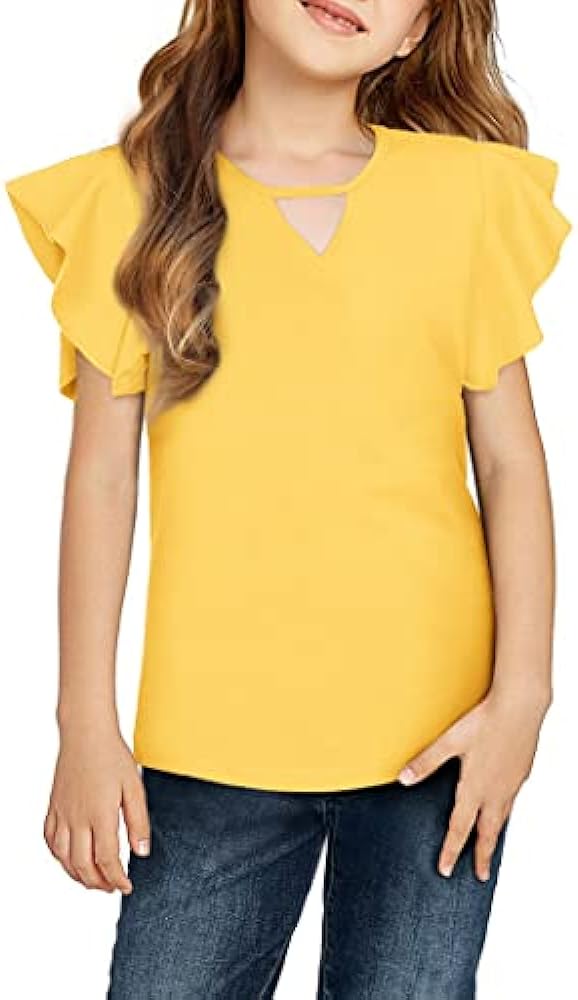 Greatchy Girls Shirts Short Sleeve Tee Ruffle Solid Summer Keyhole Neck Cotton Blouse Tops