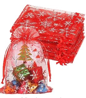 HRX Package 100pcs Snowflake Organza Bags, 10x15cm Christmas Red Drawstring Mesh Gift Pouches for Jewellery Candy Wedding Party Favors