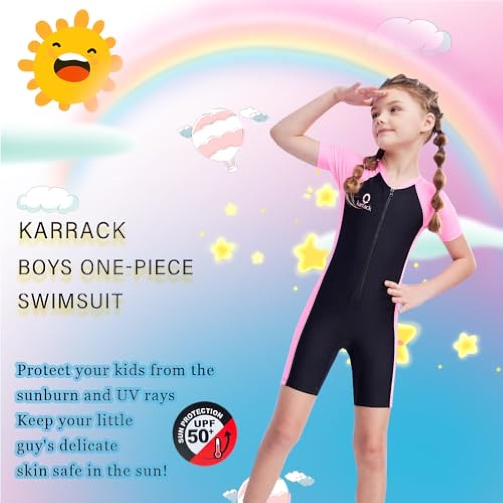 Karrack Girls and Boys One Piece Rash Guard Swimsuit Kid Water Sport Short Swimsuit UPF 50+ Sun Protection Bathing Suits