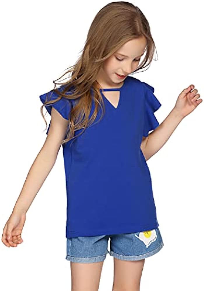 Greatchy Girls Shirts Short Sleeve Tee Ruffle Solid Summer Keyhole Neck Cotton Blouse Tops