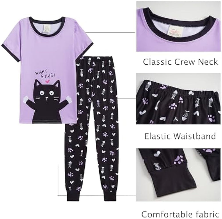 MyFav Babies, Toddlers and Girls' 4-Piece Snug Fit Cotton Pajama Set, Print Short Sleeve Loungewear