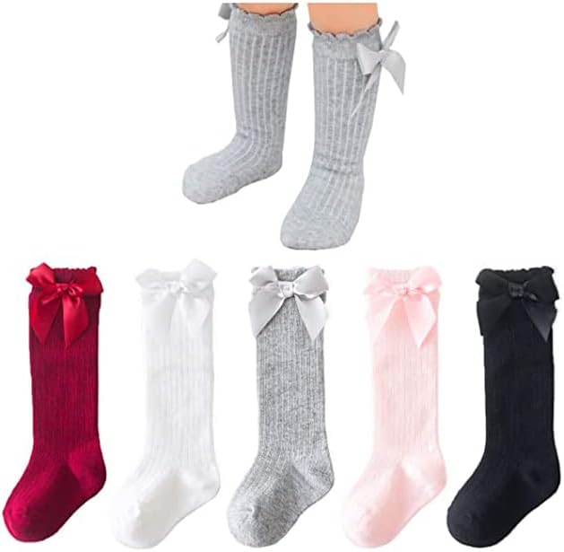 ELECDON 5 Pairs Knee High Socks Newborn Infants Toddlers Girls Tube Ruffled Uniform Long Stockings