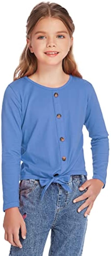 Hopeac Girls Long Sleeve Shirts Tie Front Knot Button Plain Cotton Casual Cute Tunic Tee Tops Blouse Undershirt