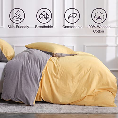 KAKABELL 100% Washed Cotton Linen Duvet Covers Set,Luxury Soft and Breathable Portable Openings 3 Piece Bedding Set,1200 Thread Count,with 8 Corner Ties 90x90 Inches(Light Yellow Grey,Full/Queen)