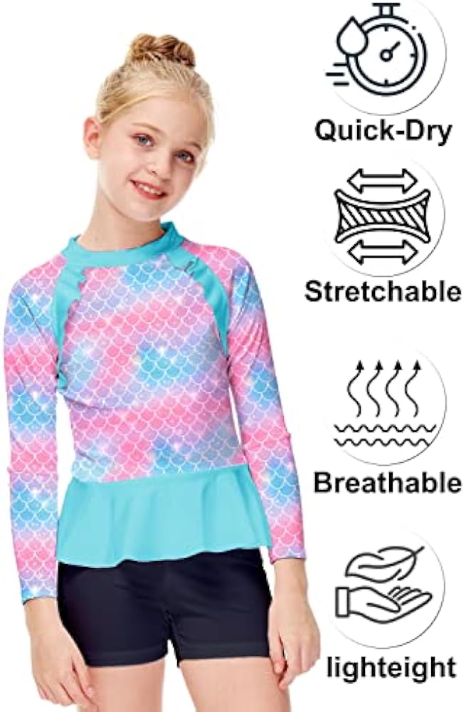 AOBUTE Girls Rash Guard Shirt Raglan Long Sleeve Ruffle Hem Swim Tops 3-12 Years