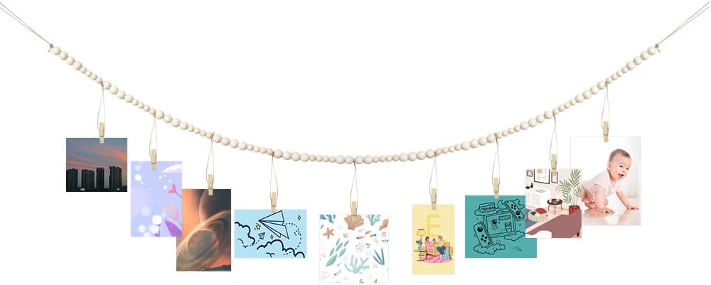 Hanging Photo Display Holder With 9 Pcs Clips, Wall Hanging Photo Display with Wooden Beads Garland, String Picture Hanger Display, Picture Garland with Clips for Wall Decor