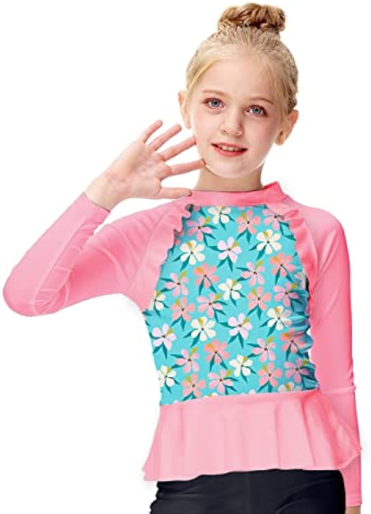 AOBUTE Girls Rash Guard Shirt Raglan Long Sleeve Ruffle Hem Swim Tops 3-12 Years