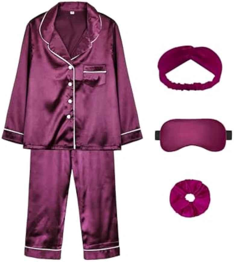 ALHAVONE Kids Girl Pajama Set with Headband Blindfold Hair Tie Toddler Boy Girl Satin Silky Button-up Pajama Sleepwear