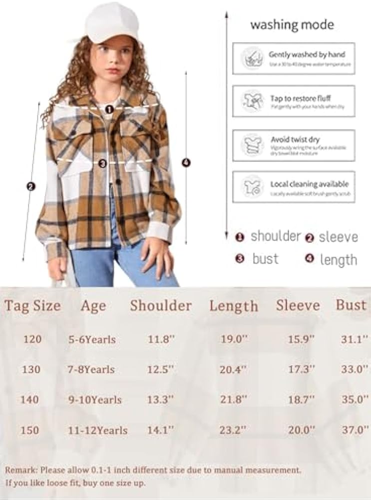 Fhniepan Girls Flannel Plaid Button Down Long Sleeve Shirt Jacket Shackets