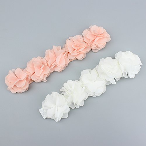 Baby Toddler Elastic Chiffon Flower Headbands Princess Girls Hand Sewing Beads Flower Headwear Nylon (QJ11 White pink)