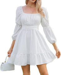 Womens Casual Dresses Square Neck Dress Puff Slevee Bow Smocked Flowy Off-Shoulder Ruffle Swing Flounce Dresses