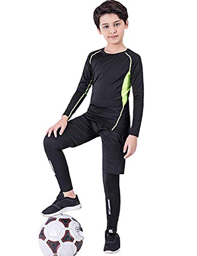 BUYKUD Kids' Boys 3PCS Long Sleeve Base Layer Compression Athletic Shirt Tights Top & Bottom Underwear Sports Set