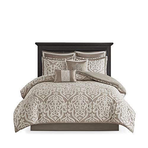 Madison Park Odette Cozy Comforter Set Jacquard Damask Medallion Design - Modern All Season, Down Alternative Bedding, Shams, Decorative Pillow, King(104 in x 92 in), Tan 8 Piece