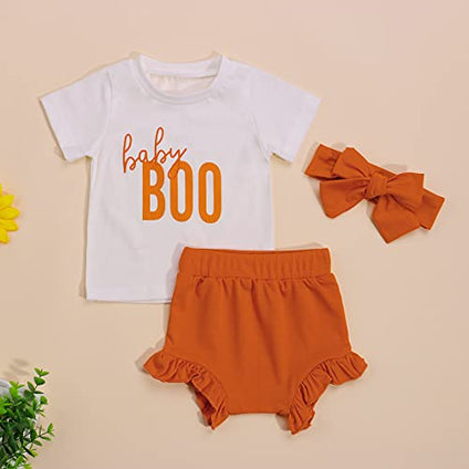 3Pcs/Set Baby Girl Halloween Outfit, Boo Print T-Shirt Tops Ruffle Shorts Headband Clothes (0-6 Months)