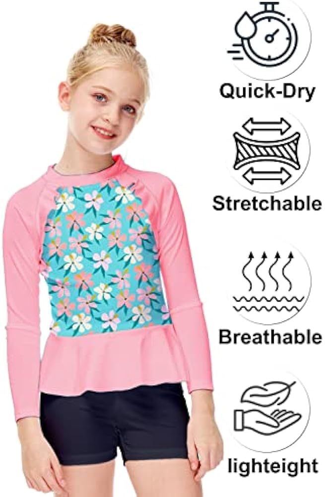 AOBUTE Girls Rash Guard Shirt Raglan Long Sleeve Ruffle Hem Swim Tops 3-12 Years