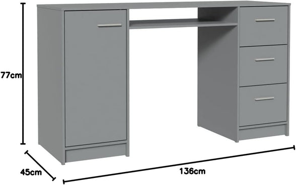 MADESA Home Office Computer Writing Desk with 3 Drawers, 1 Door and 1 Storage Shelf, Wood, 136 W x 77 H x 45 D Cm – Grey