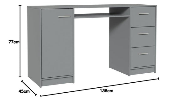 MADESA Home Office Computer Writing Desk with 3 Drawers, 1 Door and 1 Storage Shelf, Wood, 136 W x 77 H x 45 D Cm – Grey