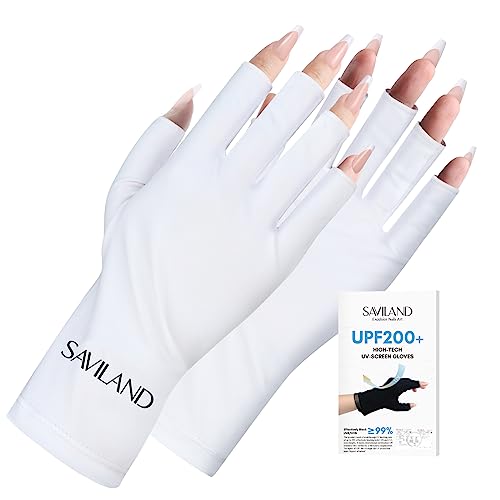 SAVILAND U V Gloves for Nails - UPF200+ High-tech Professional U V Gloves for Manicures, Anti UVA & UVB 999+ U V Gloves for Gel Nail Lamp Fingerless Gloves Prevent Hands from U V Harm (White)