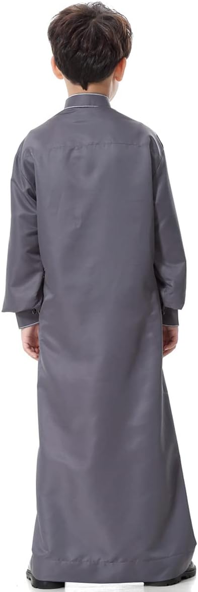 ODIZLI Arabic Thobe Muslim Thobe Long Sleeve Kaftan Crew Collar Robe with Zipper for Boy Solid Color/Embroidery/Stripe Print