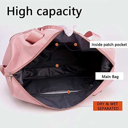 Large Capacity Folding Travel Bag,Travel Lightweight Waterproof Carry on Luggage Bags with Fixed Strap,Dry and Wet Separation,Oxford Fabric Duffel Bag for Sports,Vacation (Pink)