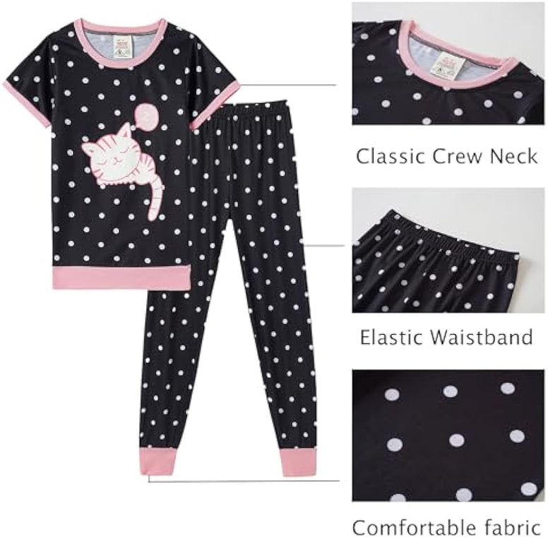 MyFav Babies, Toddlers and Girls' 4-Piece Snug Fit Cotton Pajama Set, Print Short Sleeve Loungewear