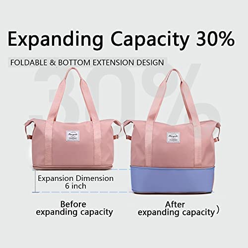 Large Capacity Folding Travel Bag,Travel Lightweight Waterproof Carry on Luggage Bags with Fixed Strap,Dry and Wet Separation,Oxford Fabric Duffel Bag for Sports,Vacation (Pink)