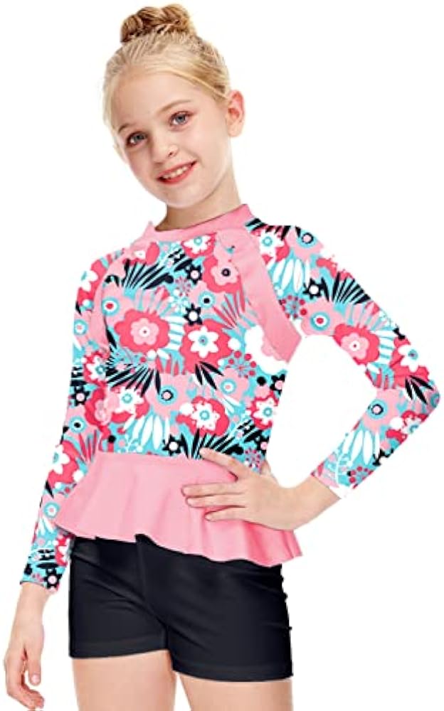 AOBUTE Girls Rash Guard Shirt Raglan Long Sleeve Ruffle Hem Swim Tops 3-12 Years