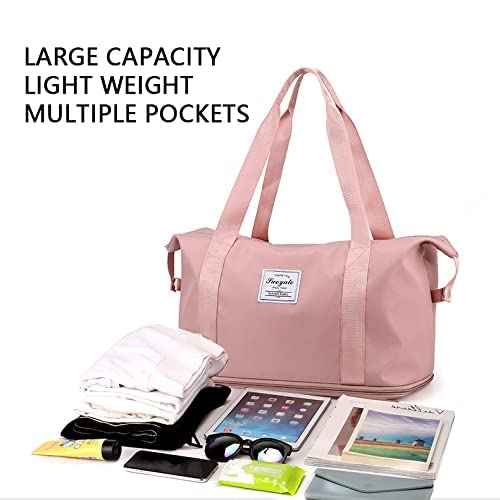Large Capacity Folding Travel Bag,Travel Lightweight Waterproof Carry on Luggage Bags with Fixed Strap,Dry and Wet Separation,Oxford Fabric Duffel Bag for Sports,Vacation (Pink)
