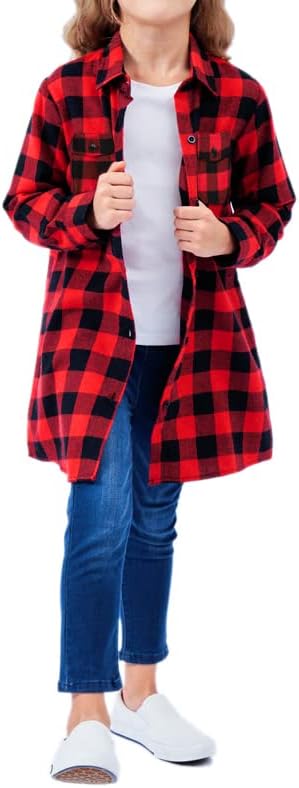 SANGTREE Girls' Women's Long Sleeve Flannel Plaid Shirt Button Down Cotton Shirts, 3 Months - US 2XL