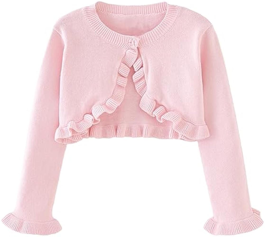 Girls’ Bolero Cardigan Long Sleeve Knitted Shrug Sweaters Button Closure Lace Ruffle Shawl Cropped Dress Up Tops Jacket