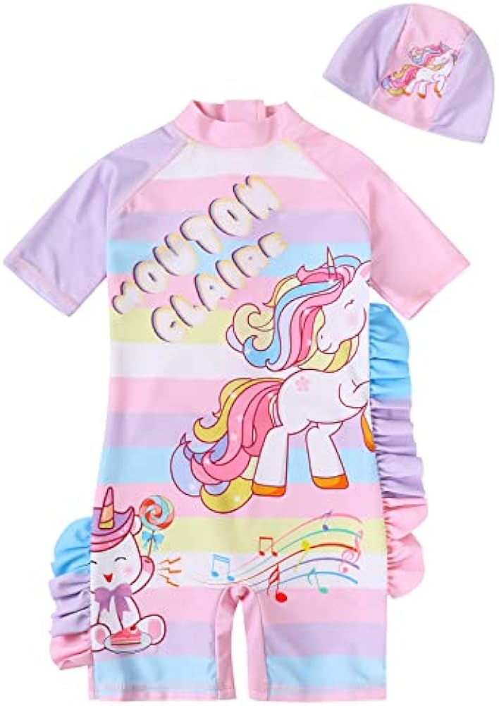 WonderBabe Unicorn/Flamingos Girls UV Swimsuit Kids Sun Protection Swimming Costume One Piece Round-Neck Swimwear Rash Guard Bathing Suit Surfing Sunsuit 1-8 Years