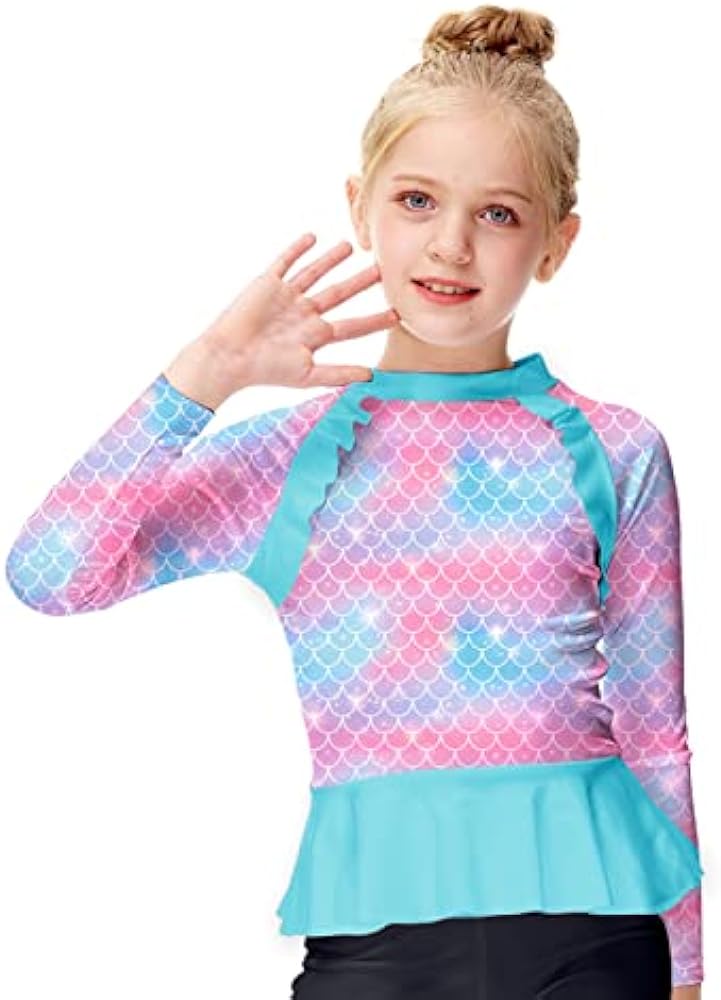 AOBUTE Girls Rash Guard Shirt Raglan Long Sleeve Ruffle Hem Swim Tops 3-12 Years